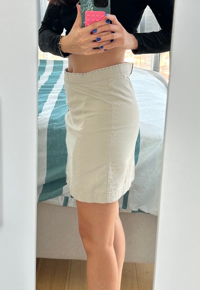 Düğmeli krem Mini Etek - Görsel 4