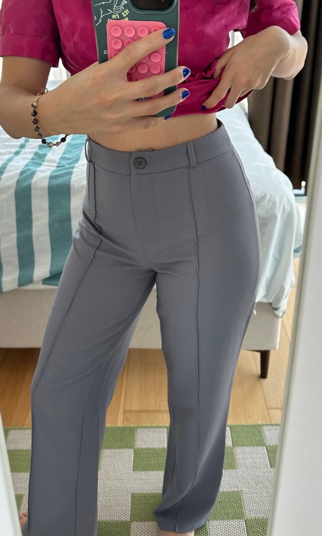 Gri Düğmeli Kadın Kumaş Pantolon - Görsel 4