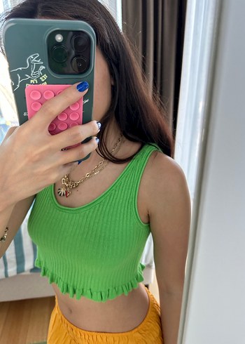 Zara Yeşil Fitilli Örme Crop Top - Görsel 3