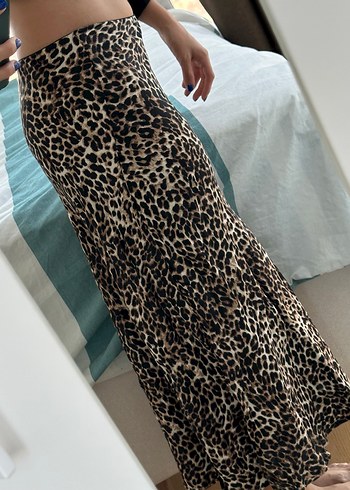 Saten Leopar Desenli Midi Etek - Görsel 3