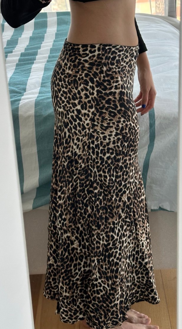 Saten Leopar Desenli Midi Etek - Görsel 2