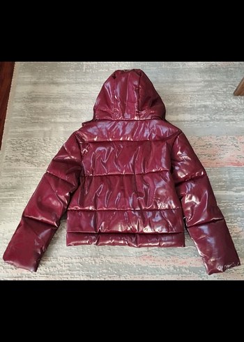 Bordo Deri Kemerli Kısa Kadın Kışlık Mont - Görsel 2