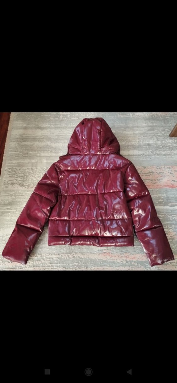 Bordo Deri Kemerli Kısa Kadın Kışlık Mont - Görsel 2