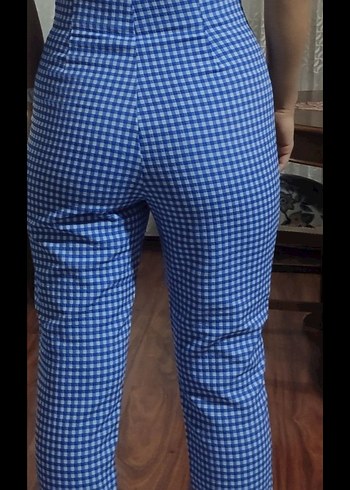 Mavi Kareli Düğmeli Kadın Kumaş Pantolon - Görsel 2