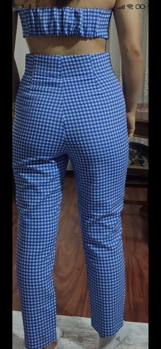 Mavi Kareli Düğmeli Kadın Kumaş Pantolon - Görsel 2