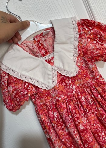 24-36 Ay Beden kırmızı Renk Dantel Yakalı Kız Çocuk Vintage Elbise