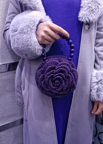 Beden Boncuklu Örgü Mor Çiçekli Kadın Çantası