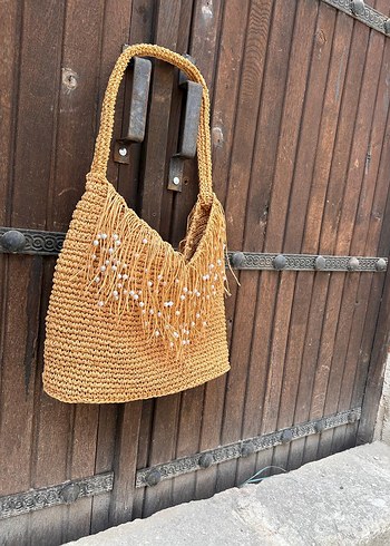 Boncuk Detaylı Bej Örgü Bohem Kadın Çanta