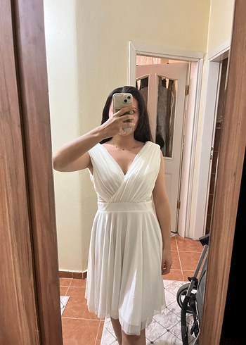 l Beden beyaz Renk Beyaz Drapeli Mini V Yaka Elbise