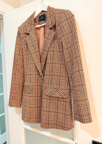 Düğmeli Kahverengi Ekose Kadın Blazer Ceket - Görsel 2