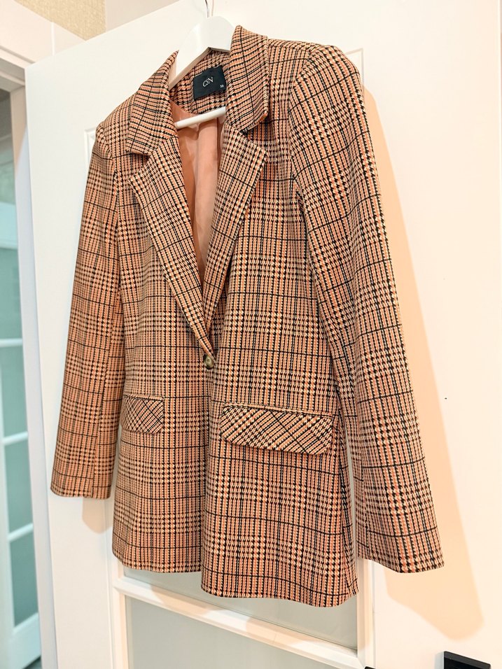 Düğmeli Kahverengi Ekose Kadın Blazer Ceket - Görsel 2