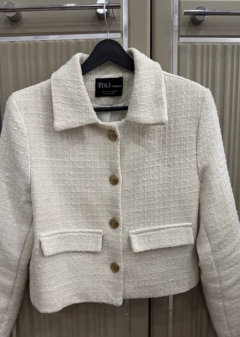 Düğmeli Kısa Beyaz Keten Kadın Ceket - Görsel 2