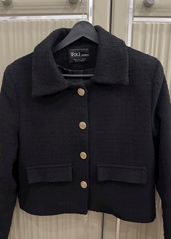 Düğmeli Siyah Mini Yün Kadın Ceket - Görsel 3