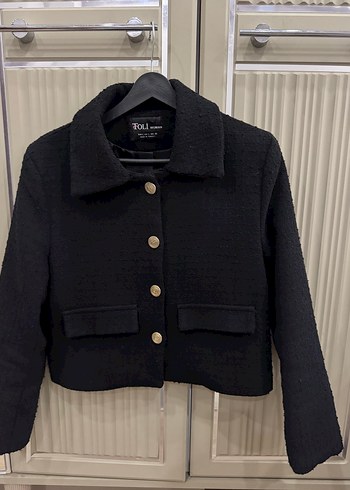 Düğmeli Siyah Mini Yün Kadın Ceket - Görsel 2