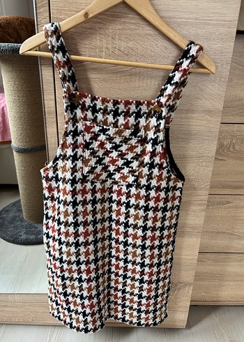 Ekru kaz ayağı desenli jile elbise - Görsel 2