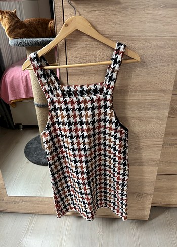 Ekru kaz ayağı desenli jile elbise - Görsel 3