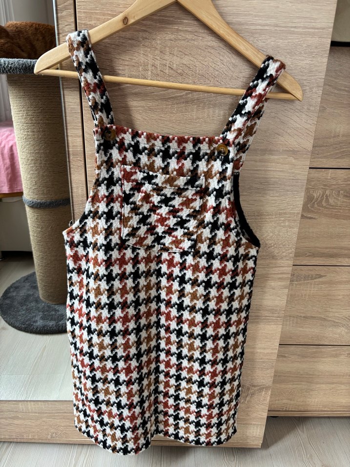 Ekru kaz ayağı desenli jile elbise - Görsel 2