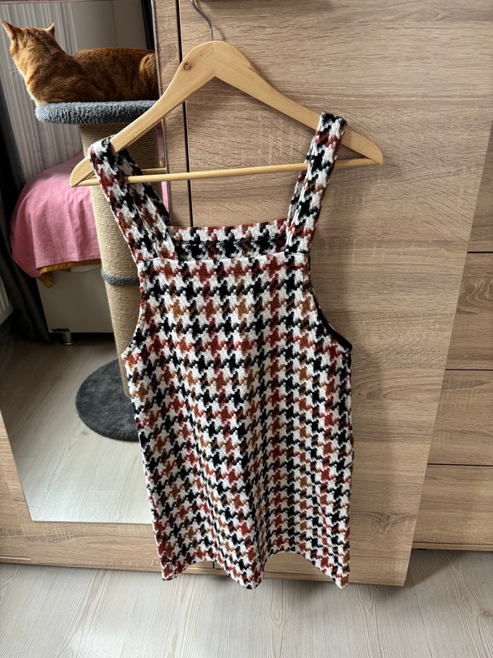 Ekru kaz ayağı desenli jile elbise - Görsel 3