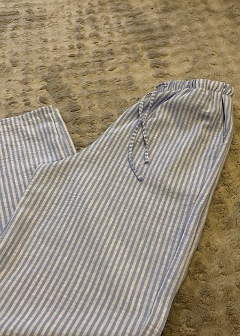 Zara Bej Çizgili Bol Kesim Keten Pantolon