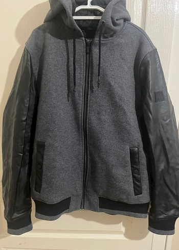 Gri Deri Kollu Kapüşonlu Fermuarlı Ceket - Görsel 2