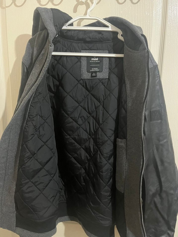 Gri Deri Kollu Kapüşonlu Fermuarlı Ceket - Görsel 4