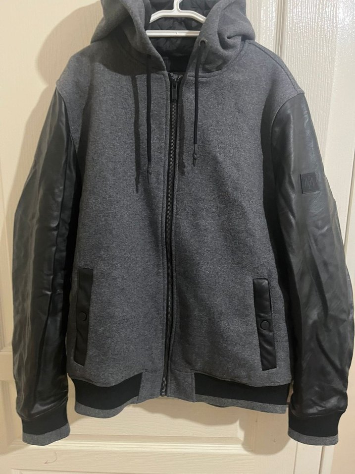 Gri Deri Kollu Kapüşonlu Fermuarlı Ceket - Görsel 2