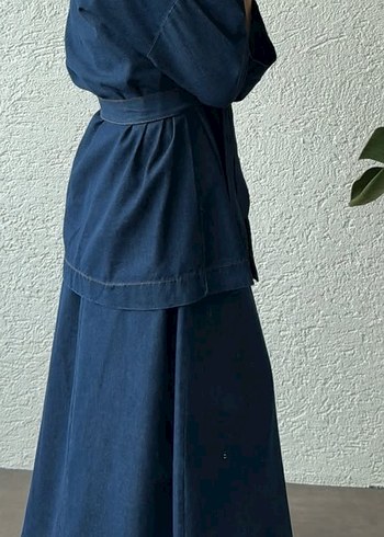 Kadın Lacivert Uzun Denim Kimonolu Kemerli Ceket - Görsel 2