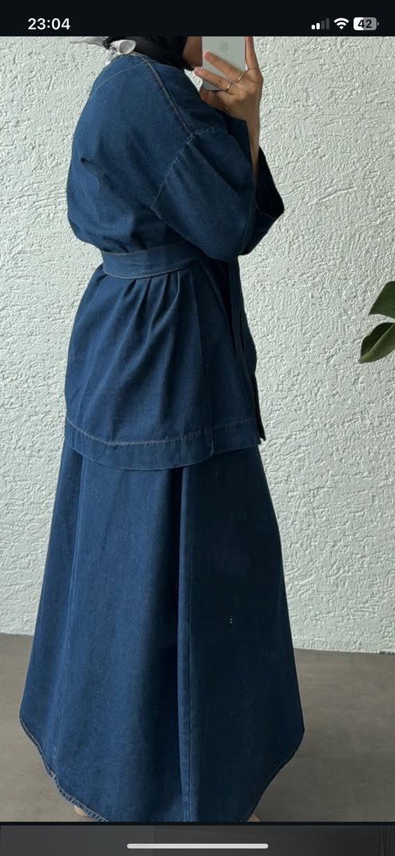 Kadın Lacivert Uzun Denim Kimonolu Kemerli Ceket - Görsel 2