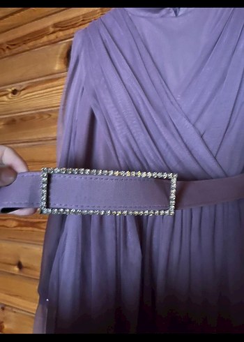 Mor Uzun Elbise Yüksek Yakalı Drapeli - Görsel 3