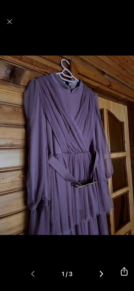 Mor Uzun Elbise Yüksek Yakalı Drapeli - Görsel 2