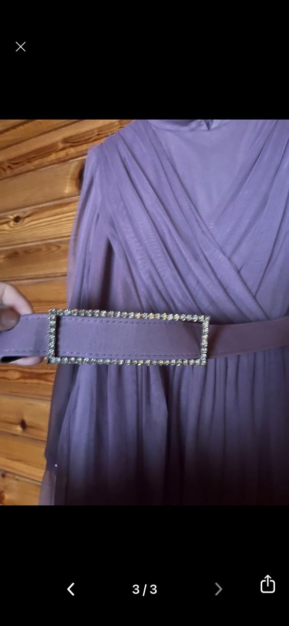 Mor Uzun Elbise Yüksek Yakalı Drapeli - Görsel 3