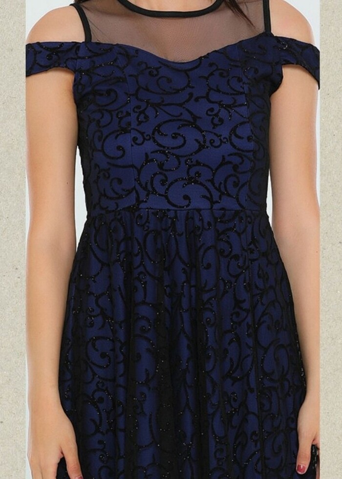 Omuz Detaylı Asimetrik Lacivert Abiye Elbise  - Görsel 3