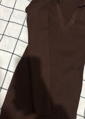 Kahverengin Süet V Yaka Uzun Kollu Mini Elbise - Görsel 5