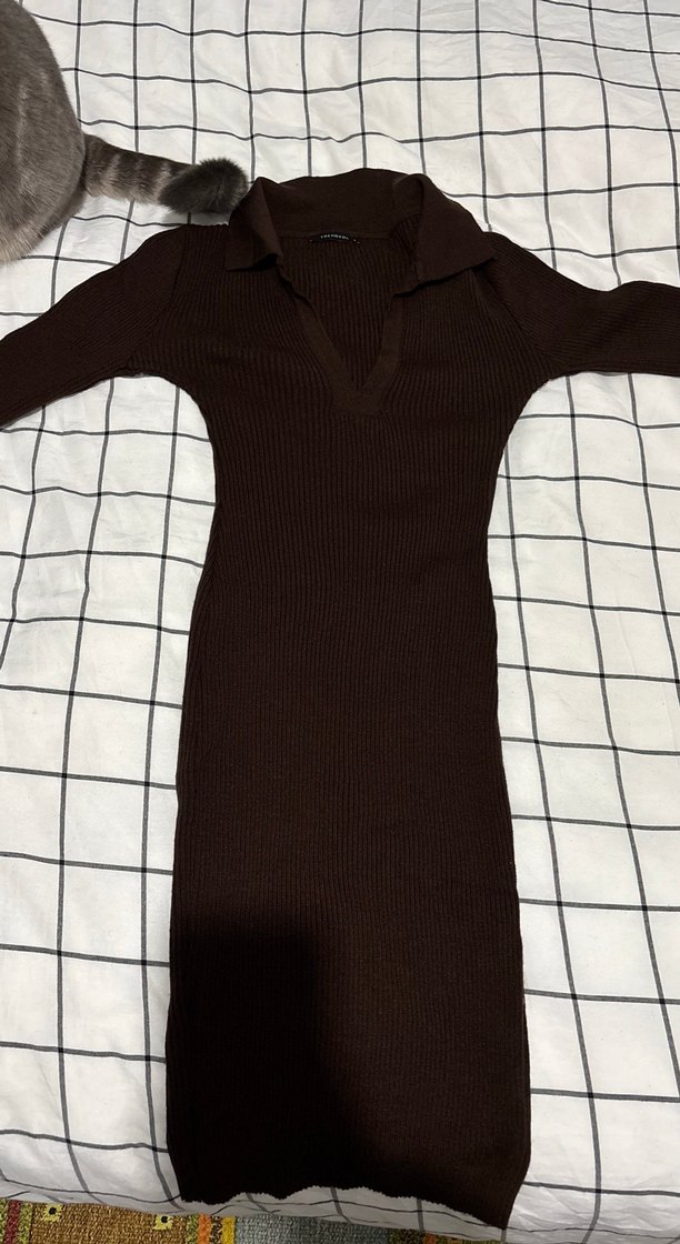 Kahverengin Süet V Yaka Uzun Kollu Mini Elbise - Görsel 4