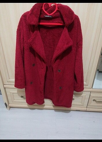 Koyu Kırmızı Uzun Peluş Ceket
