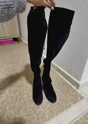 Siyah Süet Diz Üstü Topuklu Çizme - Görsel 5