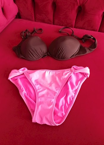 Pembe Alt ve Kahverengi Straplez Bikini Üstü