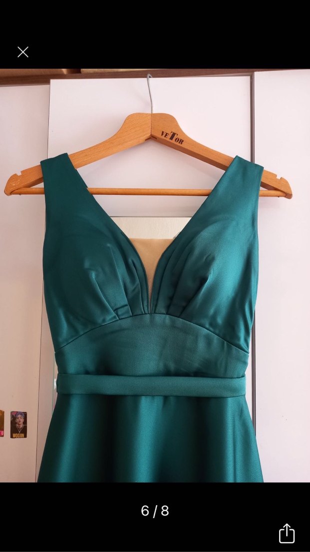 Uzun Yeşil V Yaka Drapeli Kadın Abiye - Görsel 5