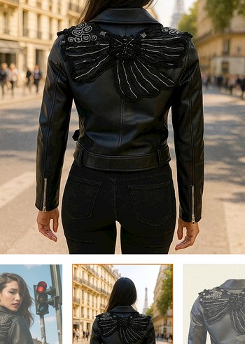 Strappy Kollu Siyah Nakışlı Deri Biker Ceket - Görsel 2