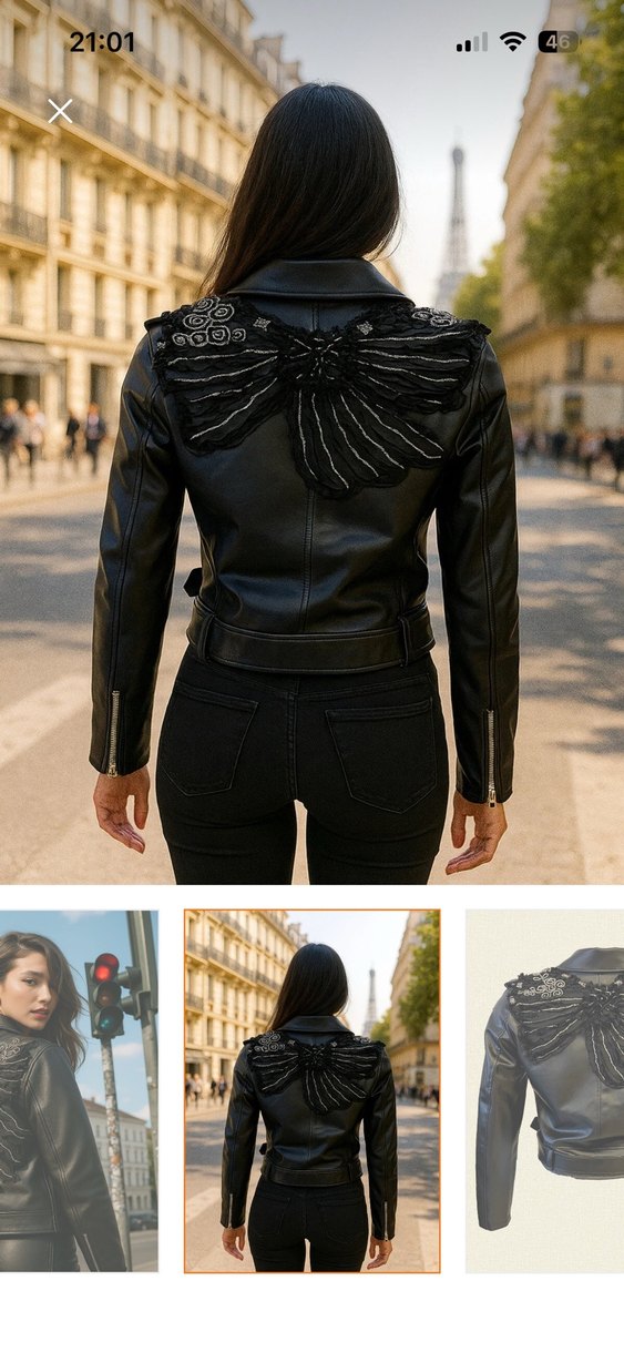 Strappy Kollu Siyah Nakışlı Deri Biker Ceket - Görsel 2