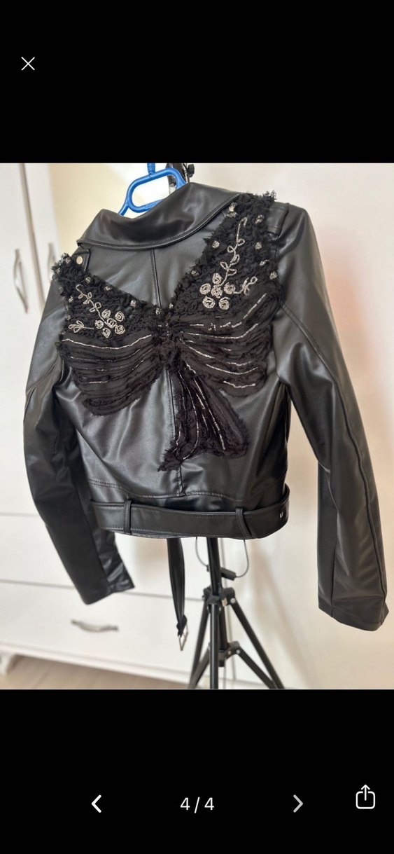 Strappy Kollu Siyah Nakışlı Deri Biker Ceket - Görsel 5