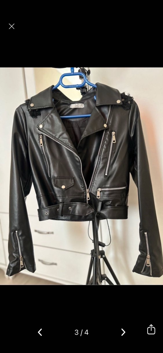 Strappy Kollu Siyah Nakışlı Deri Biker Ceket - Görsel 4