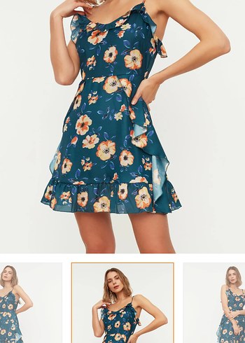 Mavi Çiçek Desenli Mini Fırfırlı Elbise - Görsel 2