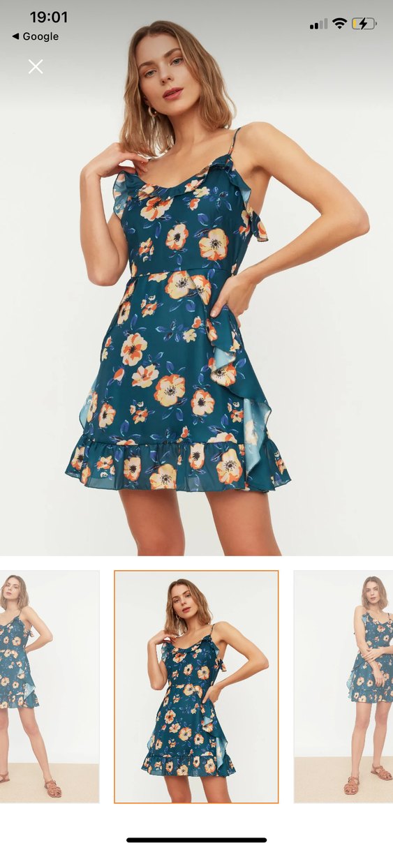 Mavi Çiçek Desenli Mini Fırfırlı Elbise - Görsel 2