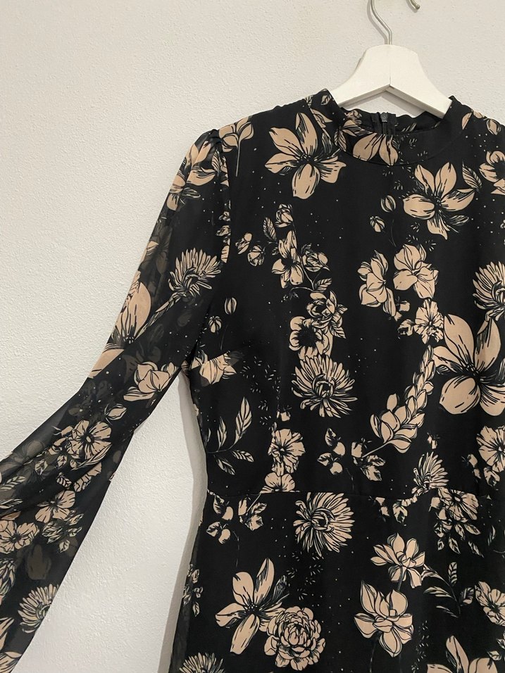 Uzun Kollu Siyah Çiçekli Bohem Elbise - Görsel 2