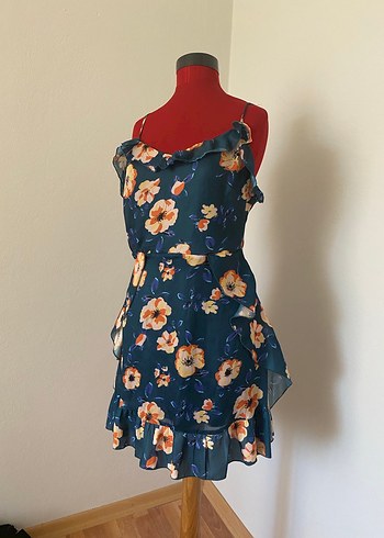 Mavi Çiçek Desenli Volanlı Midi Elbise - Görsel 2