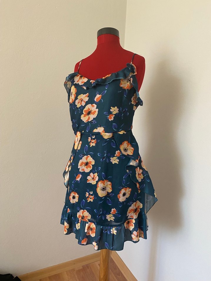 Mavi Çiçek Desenli Volanlı Midi Elbise - Görsel 2