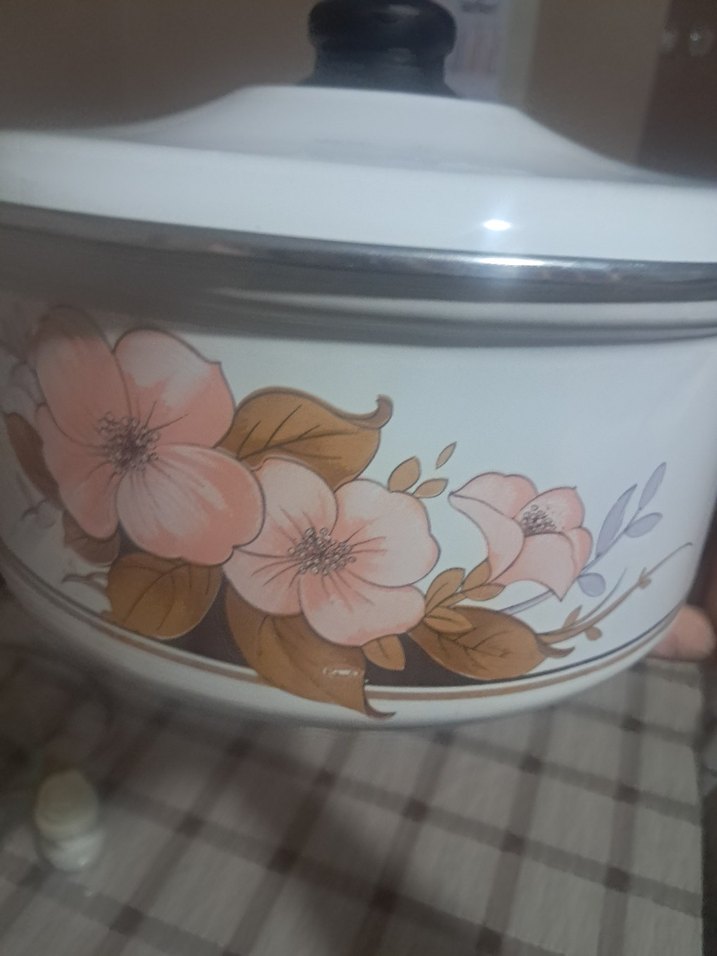 Çiçek Desenli Beyaz Emaye Tencere - Görsel 2