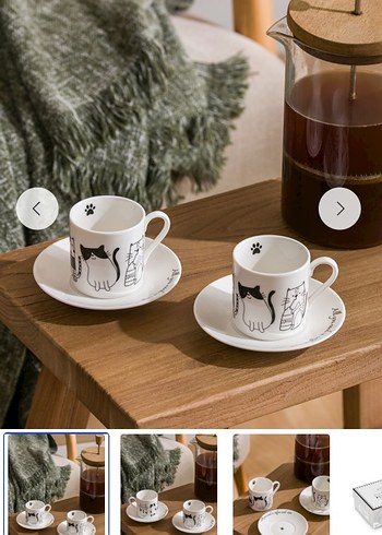 Beyaz Kedi Desenli Kahve Fincanı ve Tabağı Seti