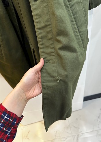 Zara Haki Keten Düğmeli Midi Kaban